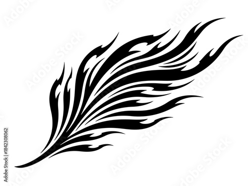 A stylized black tribal feather design with sharp, flame-like edges, suggesting movement and energy.