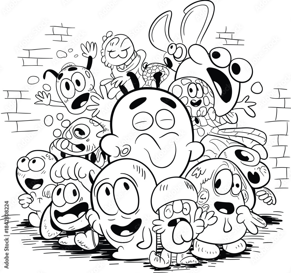 Fototapeta premium Group of cartoon monsters with big eyes and smiles