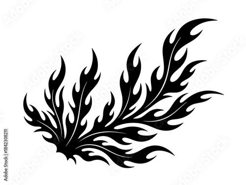 A stylized black tribal flame design with sharp, pointed edges, resembling a wing or a fiery flourish.