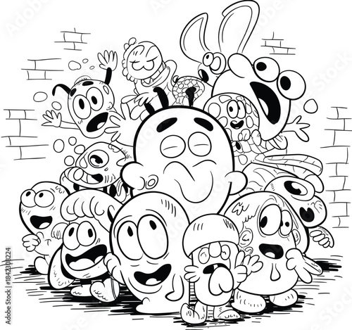 Group of cartoon monsters with big eyes and smiles