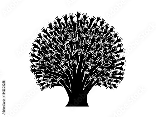 A striking black and white illustration of a tree whose branches and leaves are formed by numerous raised hands.