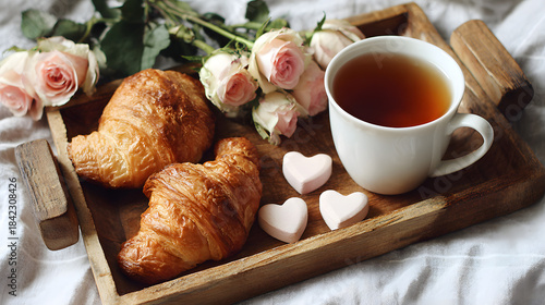 Romantic breakfast flatlay with croissants, cup of tea, heart-shaped sweets and pink roses on wooden tray, perfect for Valentine’s Day or cozy morning moments