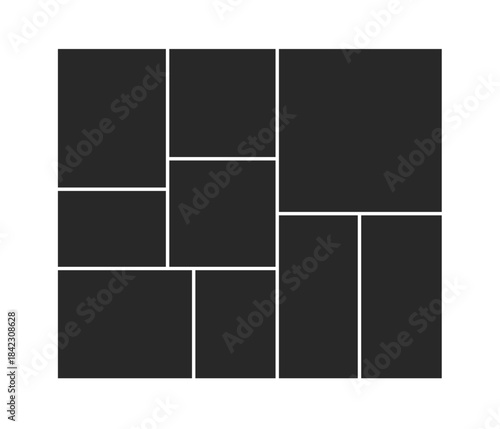 Eight dark rectangular frames arranged in a complex square grid layout for a photo collage or montage template.