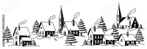 Christmas Village Doodle Set Featuring Hand-Drawn Winter Holiday Houses, Snowy Forest Elements, Countryside Landscape Scenes, and Cozy Ink Brushstroke Illustrations for Seasonal Prints