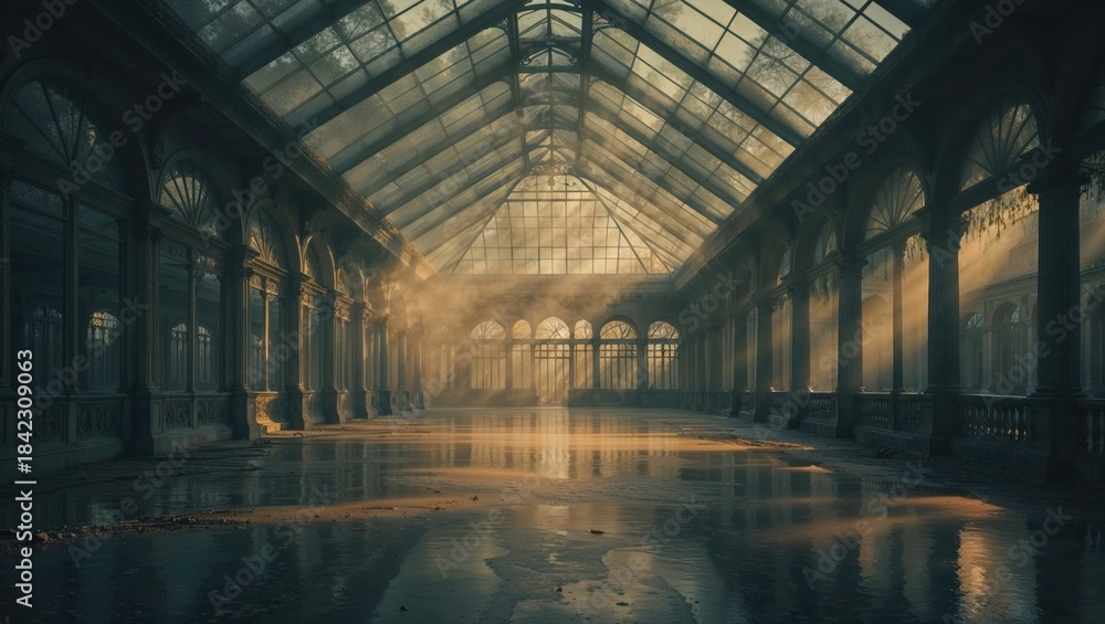 Naklejka premium Abandoned greenhouse bathed in golden sunlight and atmospheric mist