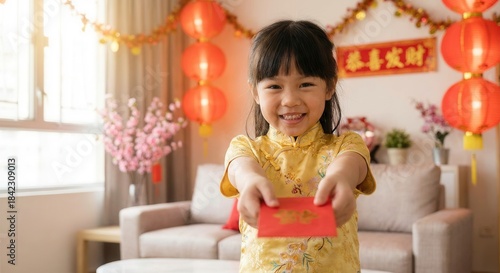 Happy Asian girl in traditional dress holding red envelope during Chinese New Year celebration.