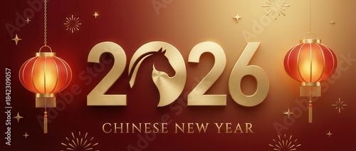 Happy Chinese New Year 2026 Golden Horse Design with Lanterns.
