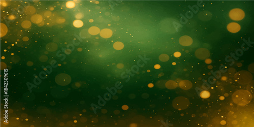 Bright gold and green bokeh lights background with sparkle water drops on glass for a festive Christmas design