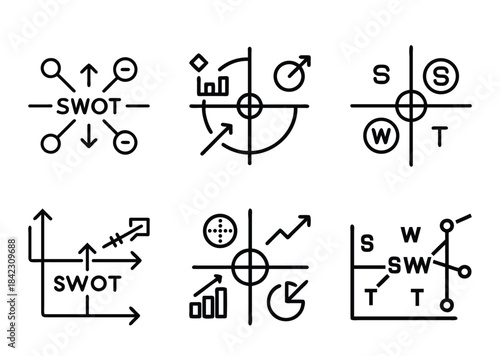 Collection of Business Strategy and SWOT Analysis Icons for Business Development Tools
