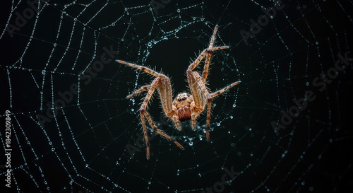 A frightening hairy arachnid rests motionless in the center of its complex, sticky silk structure, covered in morning dew drops ,fog ,pattern ,geometry