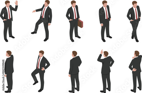 Ten Businessmen in Suits with Different Poses businessman