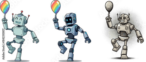 Happy Cartoon Robot Balancing Rainbow Balloon Vector Illustration - Artificial Intelligence, Technology, and Fun Concept