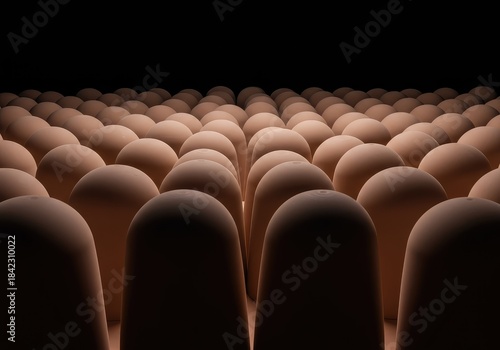 A large group of identical sculpted forms following the precise structure and arrangement of an original prototype object ,sequence ,geometry ,form