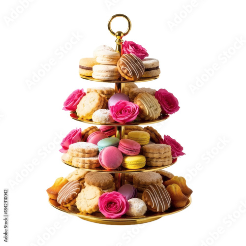 A four-tiered golden stand filled with colorful macarons and cookies for a tea party