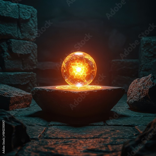 A magical glowing crystal orb rests upon an ancient stone altar within a dark, forgotten ruin. Powerful arcane energies shimmer ,spell ,ancient ,dramatic