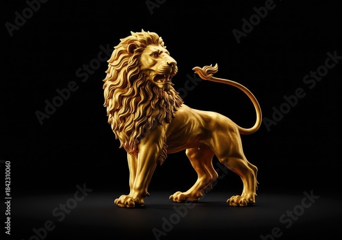 A majestic golden lion figure standing rampant in a classic heraldic crest position showing strength and ancient power ,emblem ,mascot ,nobility