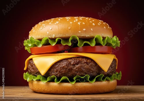 A massive, delicious cheeseburger built on a toasted bun with melted yellow cheese, lettuce, and ripe tomato slices ready for eating ,beef ,patty ,indulgence