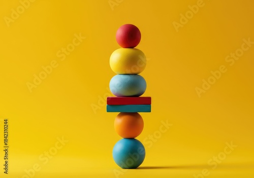 A minimal vertical stack of colorful objects against a vibrant yellow backdrop, illustrating organization and balance ,height ,piling ,pile