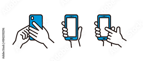 スマートフォンを持つ・操作する・画面を見せる手の、シンプルなベクターイラストアイコンセット