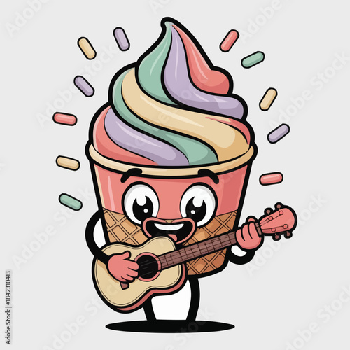Cute Kawaii Ice Cream Cup Playing Guitar Illustration Vector