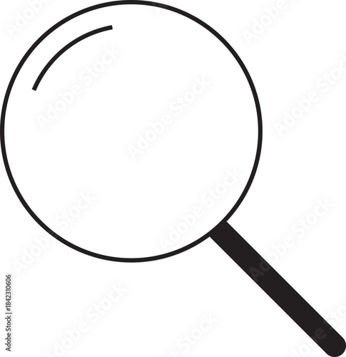 Magnifying glass icon in black and white line art, representing search, zoom, discovery, and detailed examination