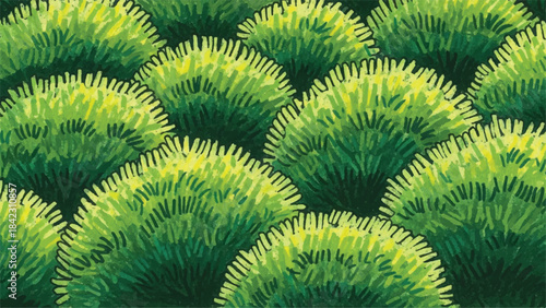 Detailed Repeating Vector Texture of Lush Stylized Green Grass and Bush Tufts