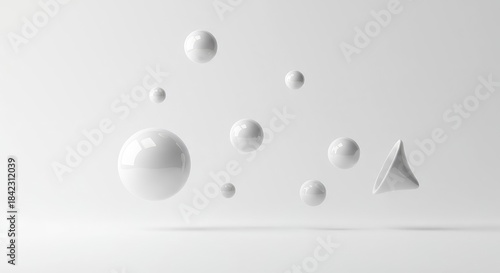 Abstract geometric shapes floating motionless in an infinite white void, symbolizing neutralized gravitational forces and weightlessness ,freedom ,physics ,force