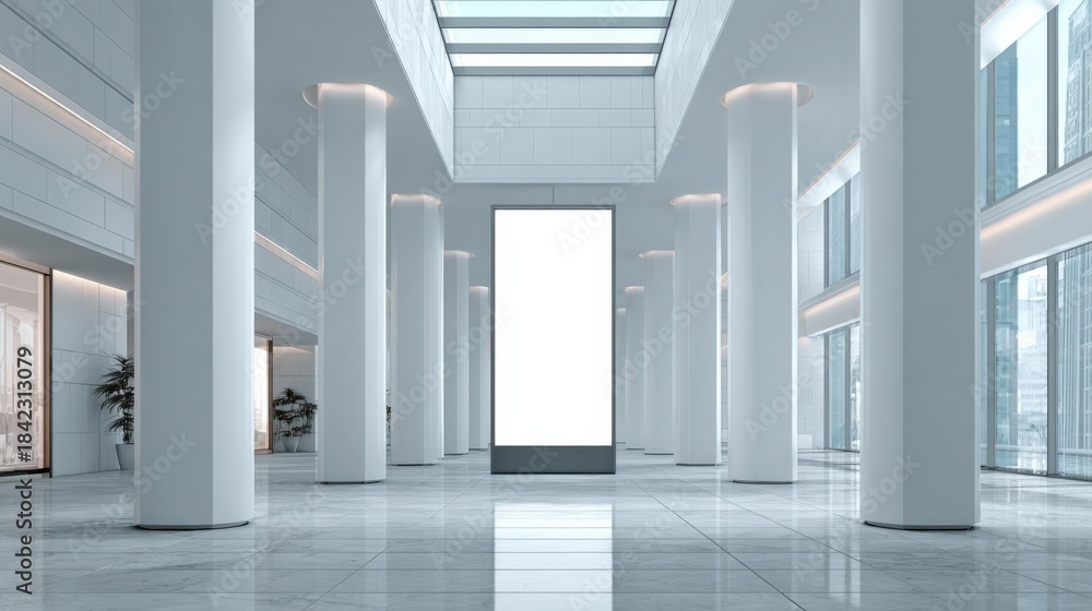Naklejka premium Modern Lobby Interior with Blank Advertisement Board, Large Windows and Columns, Mockup for Commercial Use