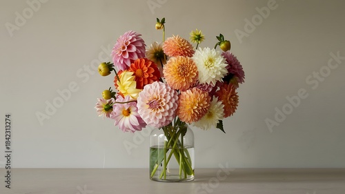 A stunning bouquet of colorful dahlia flowers displayed in a transparent glass vase against a neutral background
