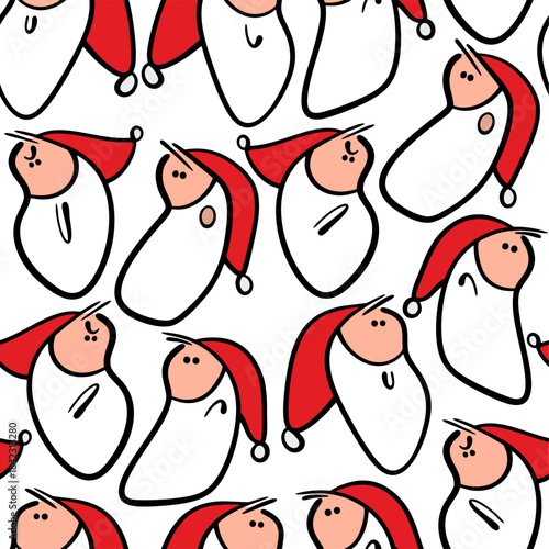 Seamless vector pattern with Santa claus faces and heads. A fun pattern for Christmas and new year, packaging and festive background. Different human emotions, sadness, anger, delight, joy.