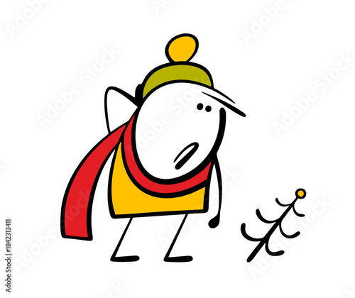 Cartoon sad customer looks at the latest product in the store. Vector illustration of a bald Christmas tree without needles. The confused stickman arrived late at the toy store and was ruined.