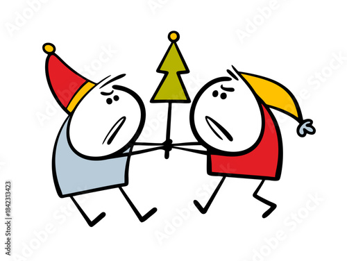 Two boys are fighting over a Christmas tree. Vector illustration of greedy dwarves or elves snatching a toy from their hands. Quarrel, the holiday is ruined.