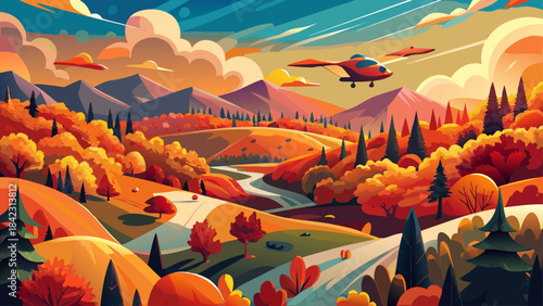 Very beautiful drone scene capturing Virginia’s autumn forests glowing with warm oranges and reds, showcasing rolling hills, peaceful valleys, and crisp seasonal textures ideal for fall-themed creativ