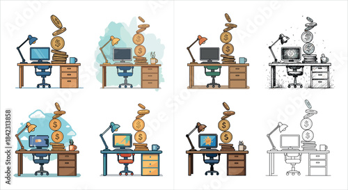 Office Desk with Computer and Stack of Falling Coins Vector Illustration - Financial Success, Remote Work, and Income Concept