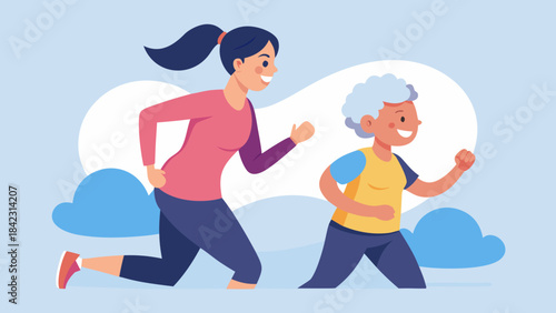 Young woman and senior woman jogging together outdoors promoting healthy lifestyle and intergenerational activity