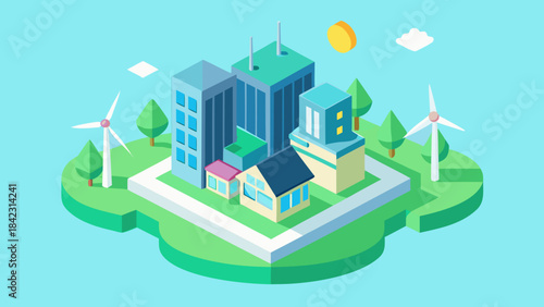Eco-friendly city with modern buildings, houses, trees and wind turbines representing sustainable urban living