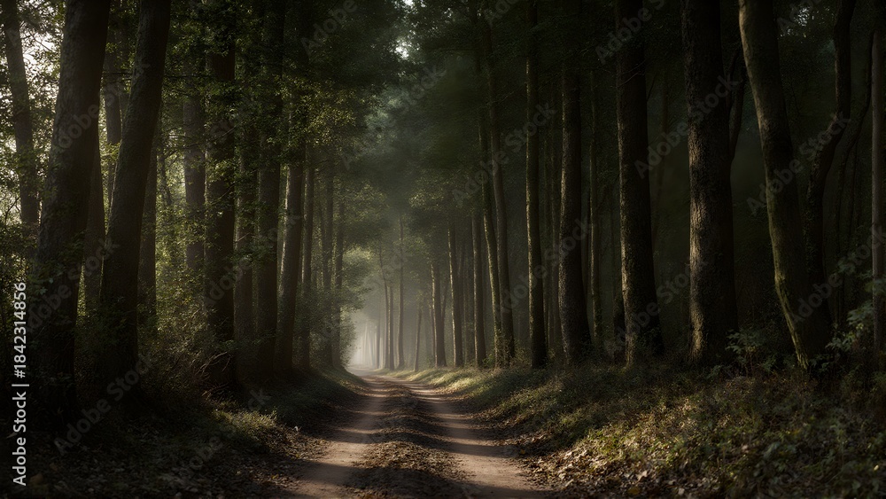 Fototapeta premium Serene forest path bathed in morning light, misty trees create tranquil atmosphere. Perfect for nature lovers and peaceful escapes.