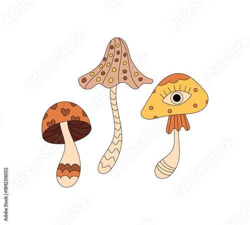 Groovy y2k cartoon magic mushroom with trippy eye as groovy element. Shroom design in fantasy and psychedelic yellow style, retro cool detail for playful decor and nature themes.