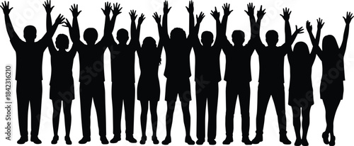 Silhouettes of diverse people raising arms in celebration, expressing unity, excitement, and joyful group energy for design use.