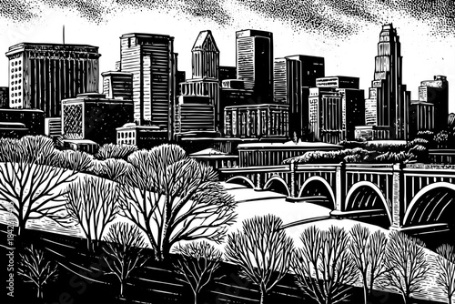 Minneapolis is illustrated with snowy skyscrapers, icy bridges, frozen streets, and high contrast pencil lines depicting the city’s famously cold winter season.