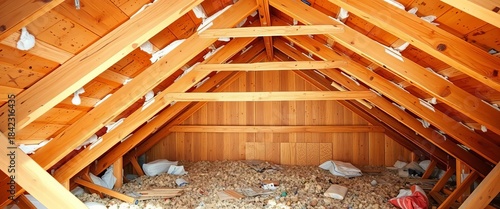 Unfinished attic space undergoing transformation Exposed wooden beams, insulation, and building materials signal a major renovation project,  project,  development