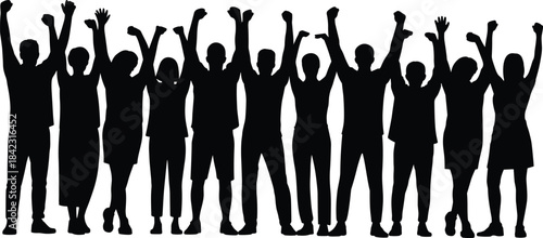 Silhouettes of diverse people standing with raised arms, expressing joy, unity, and celebration for design and branding use.
