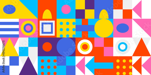 Vibrant geometric pattern background with diverse colorful shapes including circles, squares, triangles, and abstract elements