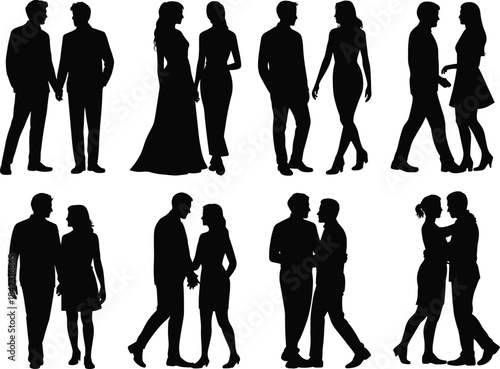 Silhouettes of eight couples in diverse poses, black illustration representing relationships, interaction, and body languageSilhouettes of eight couples in diverse poses