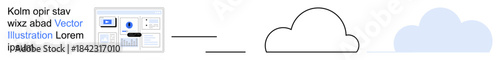 Data management, cloud storage, technology systems, virtualization, IT services, process flow. A screen with data icons connected to a minimal cloud symbol. Cloud storage and data management concept
