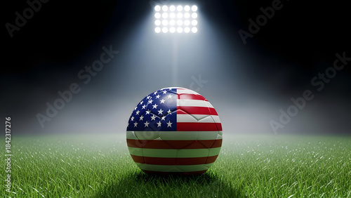 United States Flag Soccer Ball on Grass Field Under Bright Stadium Lights at Night