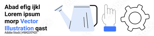 Gardening, teamwork, decision-making, instructions, growth, maintenance. Minimalist icons of a watering can, pointing hand and gear. Gardening and teamwork conceptual ideas