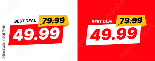 Modern red price tag with best deal discount offer. Sale label with old and new price in flat design, perfect for online shop, advertising banner, retail promotion, and marketing template. Vector