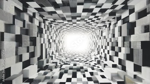Endless Geometric Tunnel of Black-and-White Cubes
