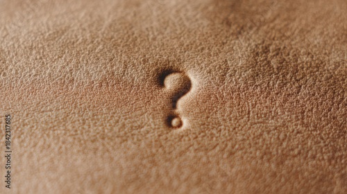 Close-up of a brown leather texture. in the center of the image, there is a small, circular indentation in the shape of a question mark.